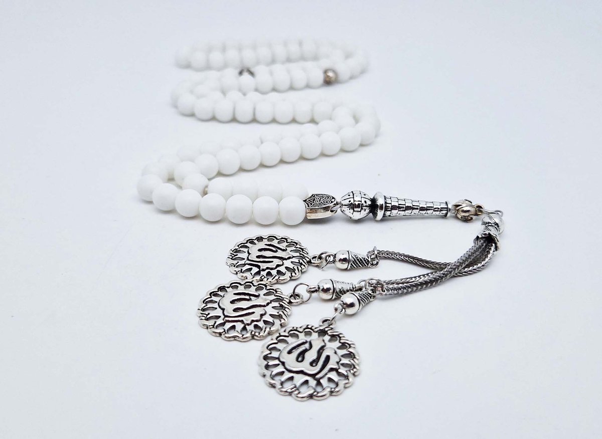 Handgemaakte tesbih "Tasbih" natuursteen "Mat Witte agaat" - Aantal kralen 99 - Diameter kralen 8MM - met metaal tassel "Allah Muzakhrafa" - Een mooi cadeau-idee