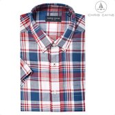 Chris Cayne heren overhemd korte mouw - XL - borstzak - blauw/rood - ruit dessin - 100 % Katoen - slub garen