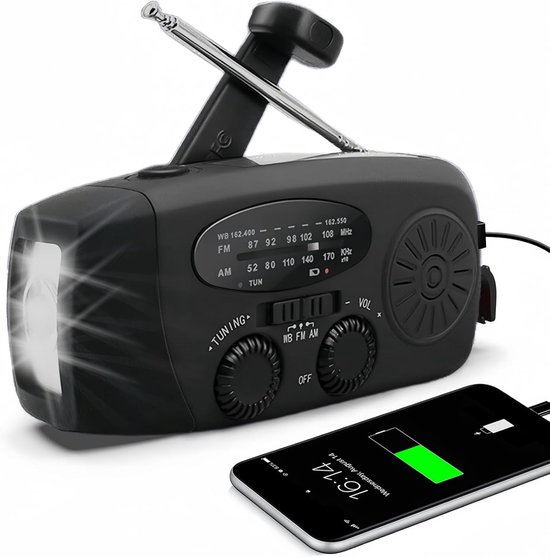 Radio Op Batterijen (Accu) Voor Rampen - Radio Opwindbaar - Noodradio - Noodradio Solar Opwindbaar - Multifunctionele Noodradio - Survival Radio - Zaklamp / Powerbank - Noodpakket - Noodrantsoen - Voor Rampen - Voor Camping - Draagbare Radio - Zwart