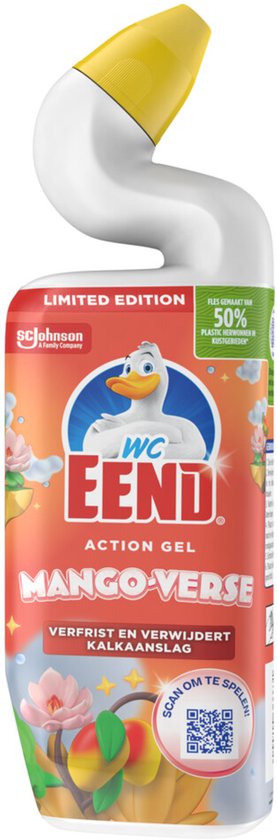 WC Eend Action Gel Mango Verse limited edition fles met gele dop, oranje en witte opdruk met eend en fruit.