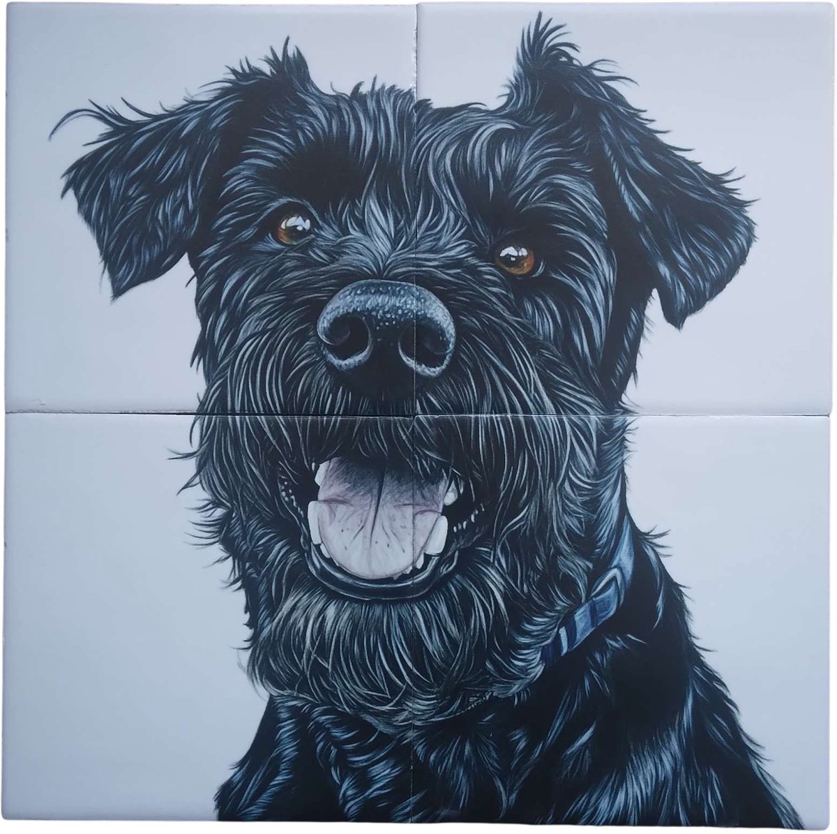 MadDeco Nederlands fabrikaat Bouvier des Flandres op plateau van 4 tegels Friese Witjes 13 x 13 cm per tegel