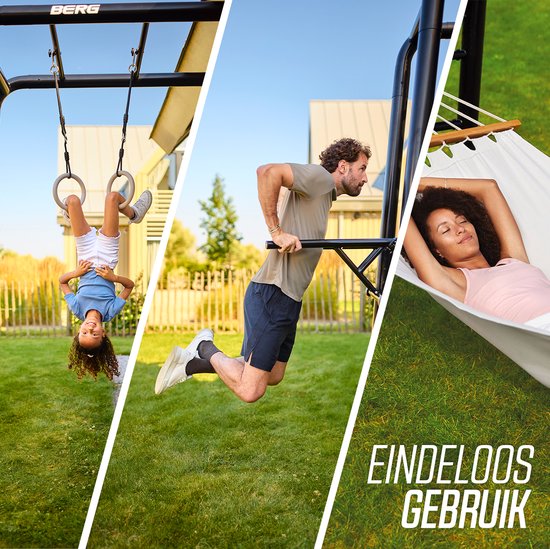 Mensen gebruiken BERG Playbase Wall voor gymnastiek, boksen en ontspannen in een hangmat.