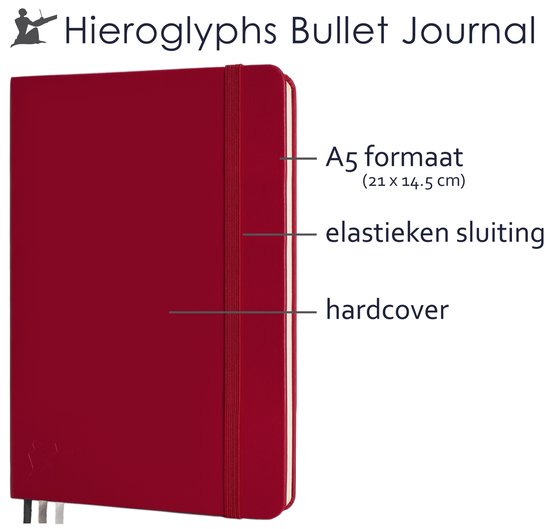 Zijaanzicht van een rode Hieroglyphs Bullet Journal in A5 formaat met elastieken sluiting en hardcover.