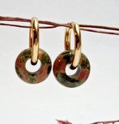 Boucles d'oreilles avec pendentif Donut - Unakite - Pierre (semi) précieuse verte/rose - Acier inoxydable - boucles d'oreilles dorées avec pendentif