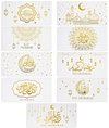 Witte kaarten met gouden Eid Mubarak-tekst en afbeeldingen van moskeeën, lantaarns en maansikkels.
