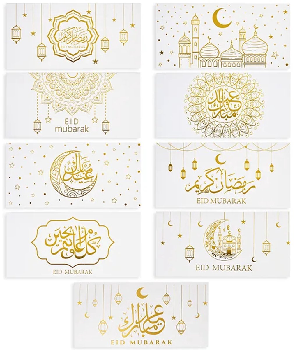 LuukyBB - 9 x Geldenvelop Eid al Adha Offerfeest - Wit - Snoep Zakje Ramadan Eid Mubarak - Geldcadeau Geschenkenveloppen Eid al-Adha Suikerfeest Bruiloft - Feest Snoep Suiker Geschenk Geld Goudfolie Envelop Islamitische Feestdagen Offerfeest Cadeaus