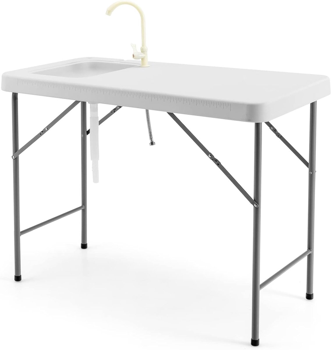 COSTWAY Opklapbare filetietafel met gootsteen, meetschaal en kraan, draagbare campingtafel, outdoorspoelbak, visreinigingstafel voor tuin, camping, vissen, 115 x 59 x 93,5 cm