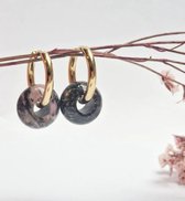 Boucles d'oreilles avec pendentif Donut - Rhodonite - Pierre (semi) précieuse Zwart/ rose - Acier inoxydable - Boucles d'oreilles dorées avec pendentif