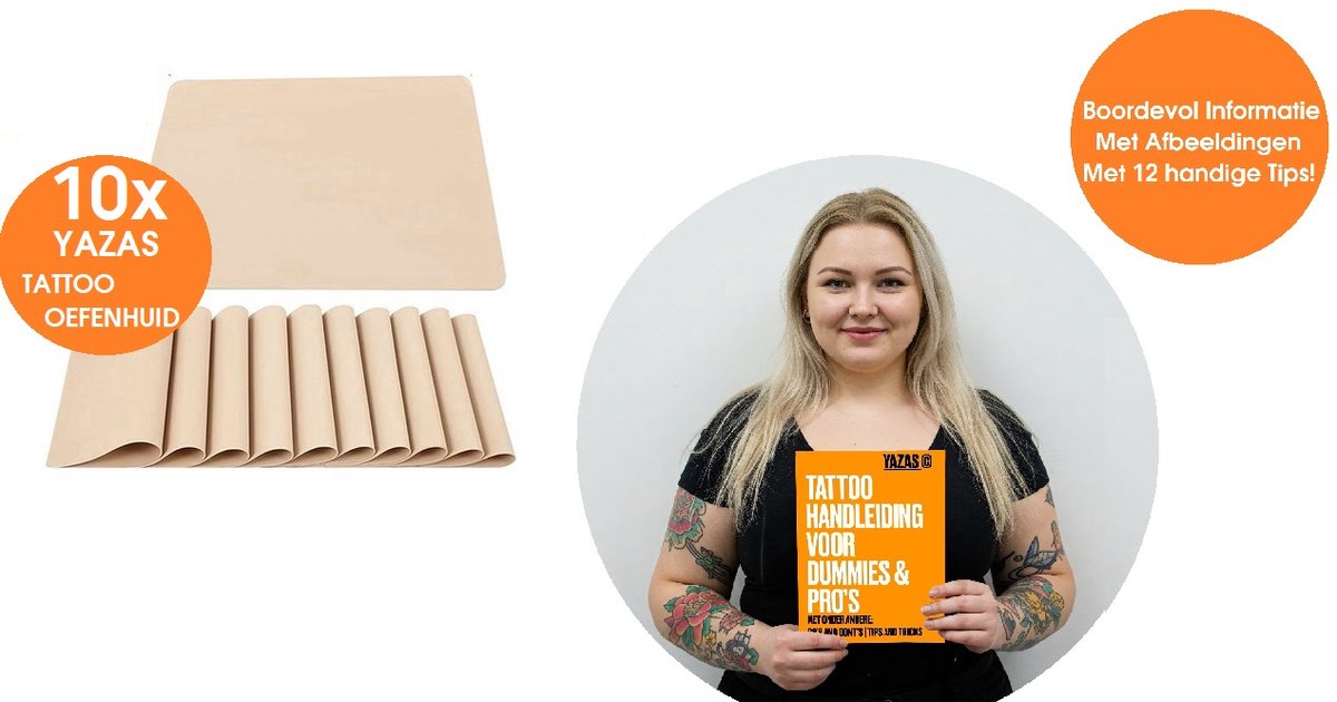 10x tattoo oefenhuid dubbelzijdig en 19 PAGINA'S YAZAS tattoo handleiding | blanco kunsthuid | nephuid- voor het oefenen van tatoeage's, microblading, permanente make-up
