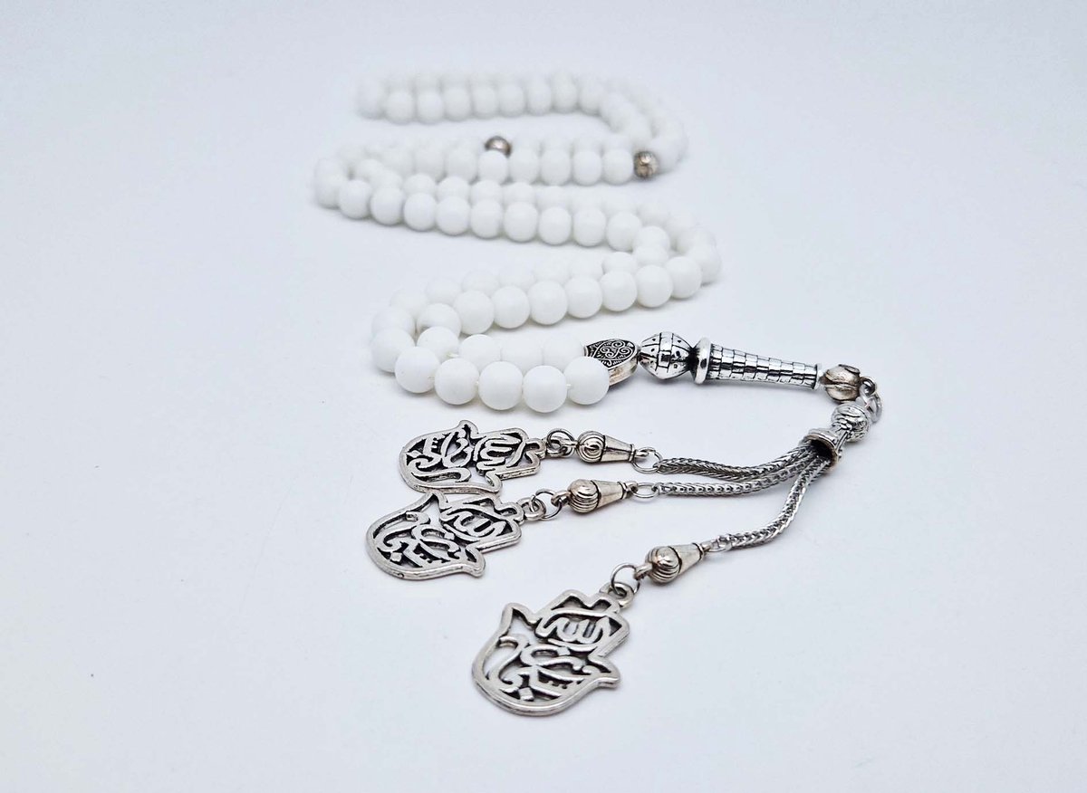 Handgemaakte tesbih "Tasbih" natuursteen "Mat Witte agaat" - Aantal kralen 99 - Diameter kralen 8MM - met metaal tassel "Maryams handpalm" - Een mooi cadeau-idee