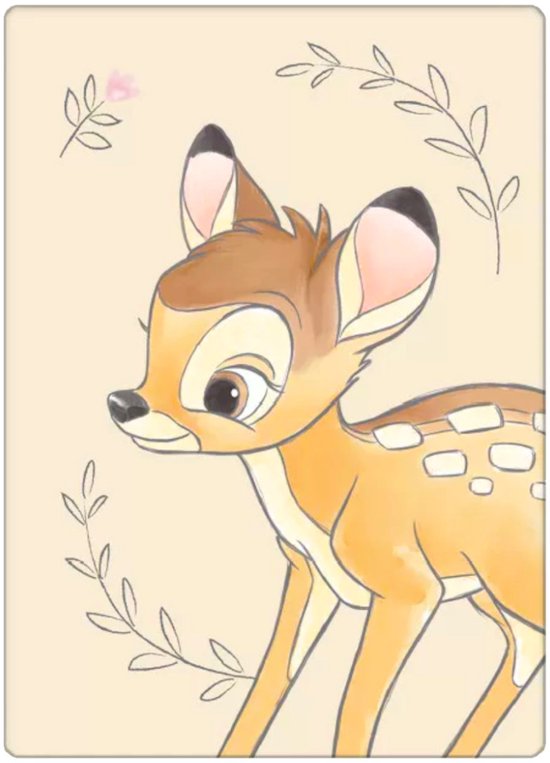Een zacht, getekend fawn, Bambi, op een lichtgele achtergrond met twijgen en een roze bloem.