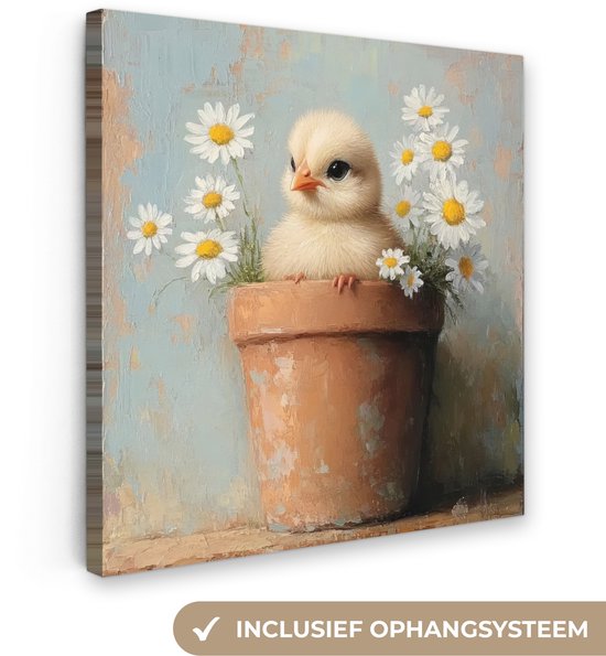 Canvas schilderij 20x20 cm - Exclusieve wanddecoratie Bloempot - Kuiken - Bloemetjes - Muurdecoratie woonkamer - Slaapkamer decoratie - Kamer accessoires - Schilderijen op canvas - Pasen - Paasdecoratie - Paas versiering