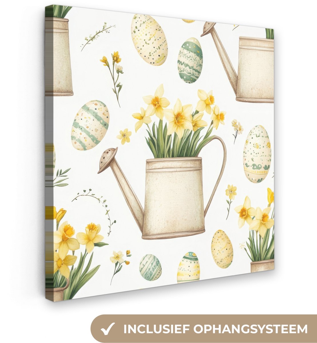 Canvas schilderij 50x50 cm - Exclusieve wanddecoratie Gieter - Bloemen - Eieren - Muurdeco