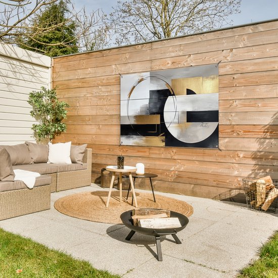 Tuinposter 120x80 cm - Tuindecoratie Abstract - Goud - Zilver - Vormen - Aesthetic - Poster voor in de tuin - Buiten decoratie - Schutting tuinschilderij - Tuindoek muurdecoratie - Wanddecoratie balkondoek