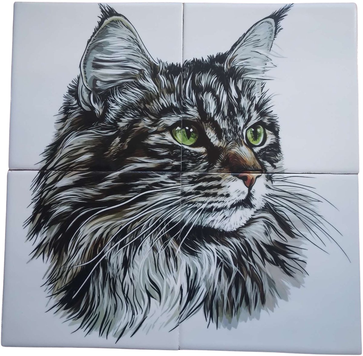 MadDeco Nederlands fabrikaat Mainecoon op plateau van 4 tegels Friese Witjes 13 x 13 cm per tegel