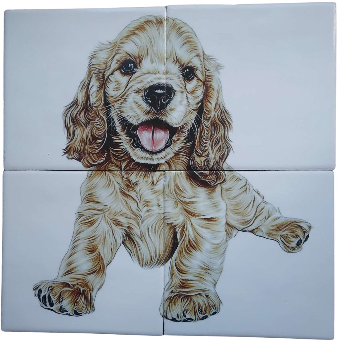 MadDeco Nederlands fabrikaat Cocker Spaniel pup op plateau van 4 tegels Friese Witjes 13 x 13 cm per tegel