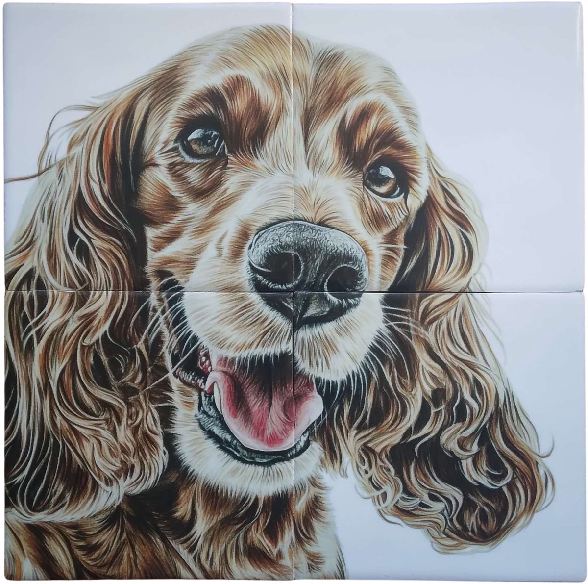 MadDeco Nederlands fabrikaat Cocker Spaniel op plateau van 4 tegels Friese Witjes 13 x 13 cm per tegel