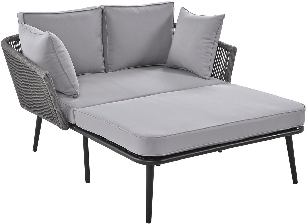 Merax Loungebank voor Buiten – Tuinbank met Ligfunctie en Dikke Kussens – Weerbestendig – Handgeweven Design – Grijs