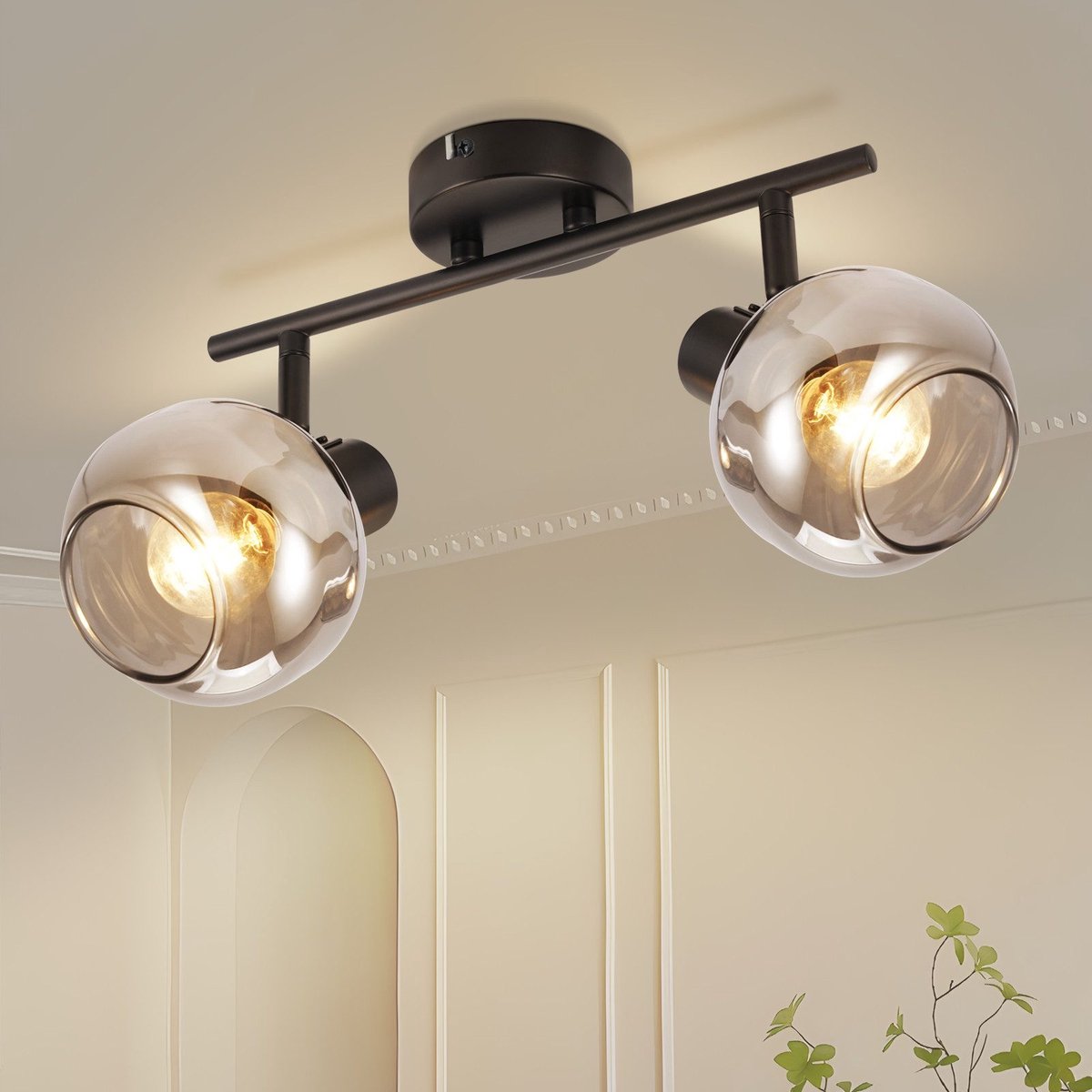 NETTLIFE Opbouwspot - 2xE14 fitting - Retro - Zwart - Plafondlamp - Rookgrijs glas - Plafondspot 30.5cm - voor woonkamer slaapkamer hal keuken - Zonder lichtbron - Max.25W
