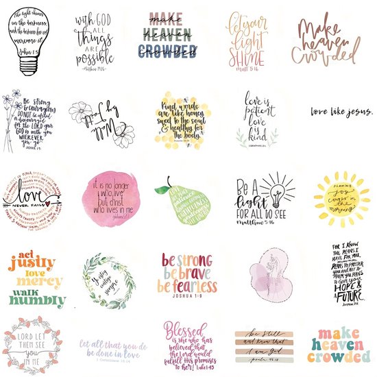 Een collage van christelijke stickers met Bijbelteksten en inspirerende citaten.