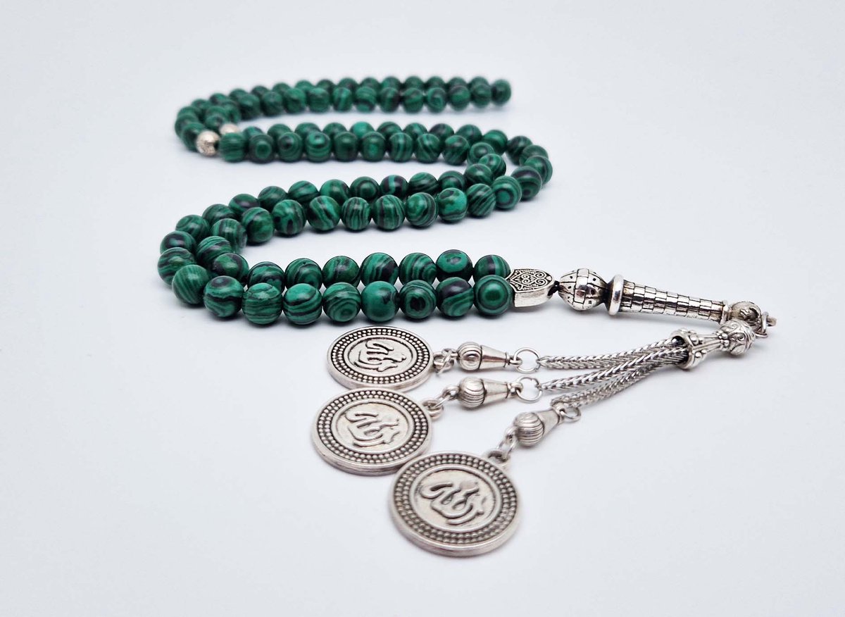 Handgemaakte tesbih "Tasbih" natuursteen "Malachiet" - Aantal kralen 99 - Diameter kralen 8MM - met metaal tassel "Allah Alwahid" - Een mooi cadeau-idee