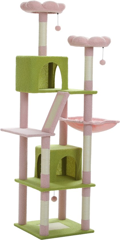Hoge krabpaal met roze en groene platformen, huisjes, hangmand en krabpalen. Geïsoleerd op witte achtergrond.