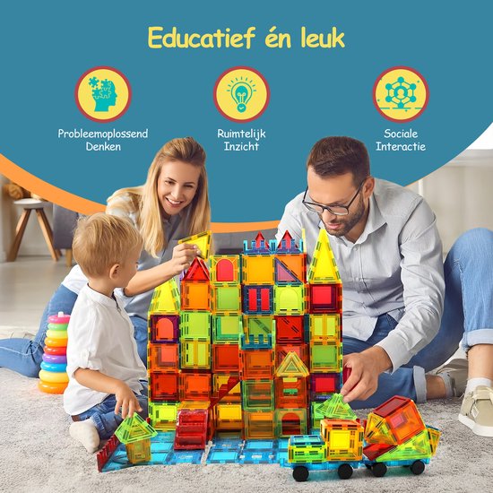 Magnetic Tiles - 120 Stuks - Speelgoed - Magnetische Tegels - Educatief & Constructie - Auto - Montessori - Bouwstenen - Blokken - Voor 3, 4, 5, 6, 7, 8, 9 Jaar - Bouw je Magna Wereld - Kinderen - Olvy