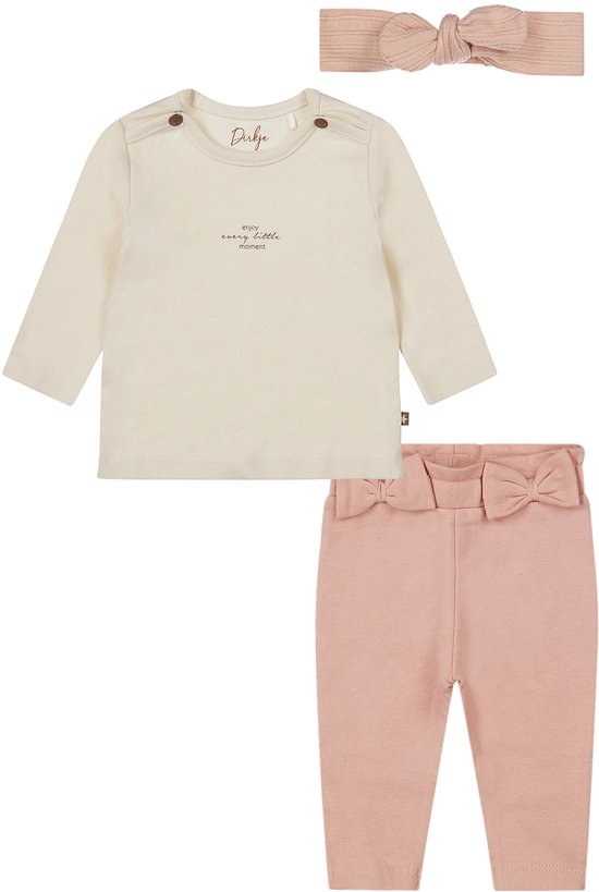 Dirkje - Basic Collection - COTON BIO - Pantalon avec 2 nœuds rose clair - Chemise blanc cassé - Serre-tête rose - Taille 68