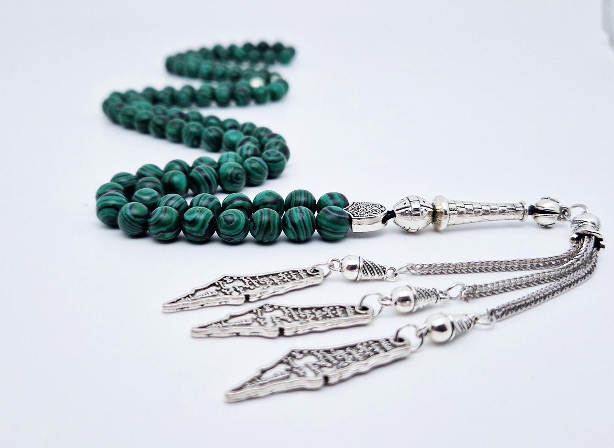 Handgemaakte tesbih "Tasbih" natuursteen "Malachiet" - Aantal kralen 99 - Diameter kralen 8MM - met metaal tassel "Subhan Allah" - Een mooi cadeau-idee