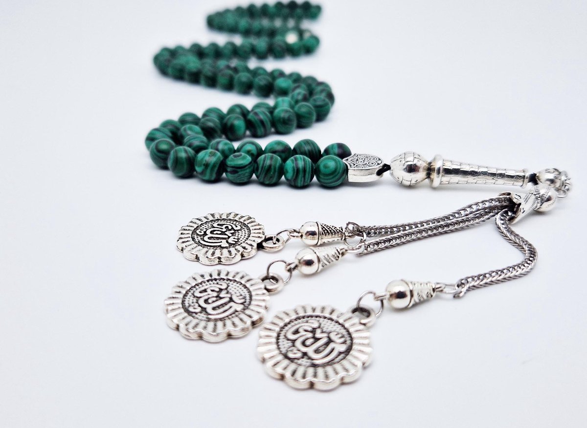 Handgemaakte tesbih "Tasbih" natuursteen "Malachiet" - Aantal kralen 99 - Diameter kralen 8MM - met metaal tassel "Allah" - Een mooi cadeau-idee