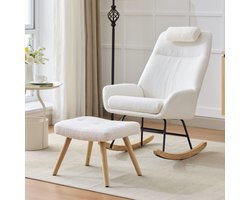 Teddy met een schommelstoel, fauteuil in een witte look, rubberen botten, spuitgieten ijzeren frames, woonkamer fauteuil, slaapkamer fauteuil met hoofdsteun voetsteun
