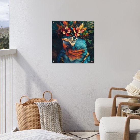 Tuinposter 50x50 cm - Tuindecoratie Papegaai - Vogel - Kleurrijk - Bloemen - Bladeren - Poster voor in de tuin - Buiten decoratie - Schutting tuinschilderij - Tuindoek muurdecoratie - Wanddecoratie balkondoek