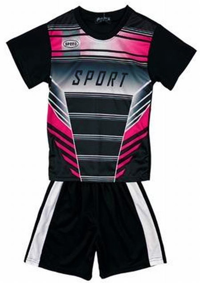 Kinder sport set tenue maat 146/152 tweedelig zwart/roze t-shirt + korte broek sportset sportkleding unisex mooie kwaliteit