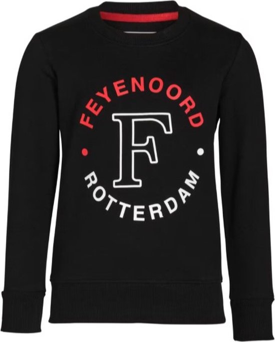 Zwarte kindersweater met Feyenoord Rotterdam logo op de borst in rood, wit en zwart.