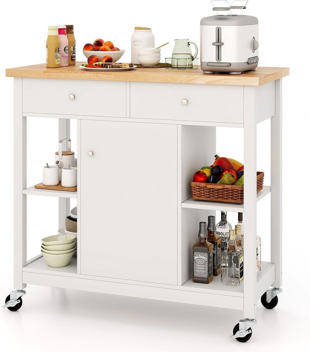 Keukeneiland - Verplaatsbaar - Keukenkast - Dressoir - Organizer - Kasten - Houten Werkblad - Wit
