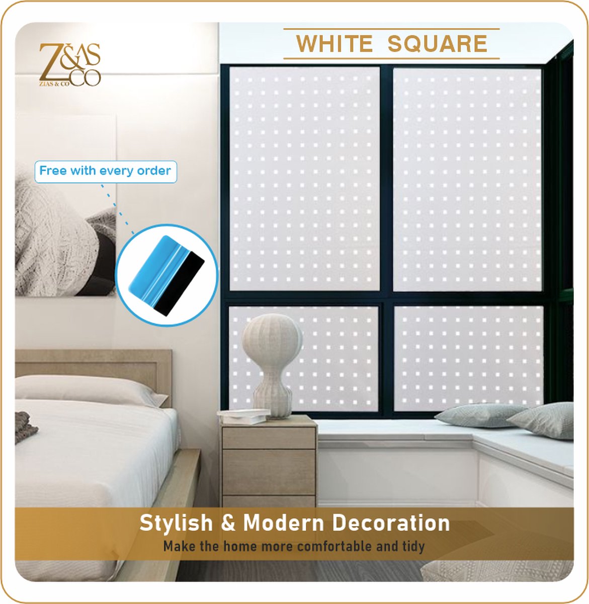 ZIA S & CO Glaswereld-Raamfolie HR++90x500cm-Zonwerend & Isolerend-Anti inkijk-Statisch-White Square-Inclusief Rakel