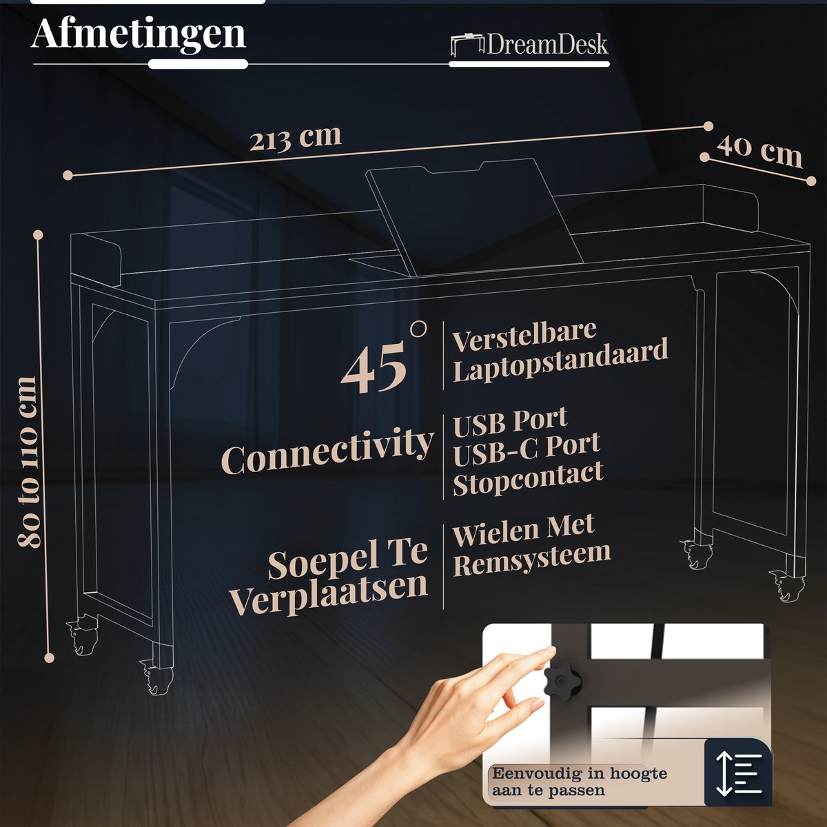 DreamDesk Bedtafel Op Wielen Verstelbare Tafel Voor Over Bed Bed Tafel - 213 cm - Bedtafels