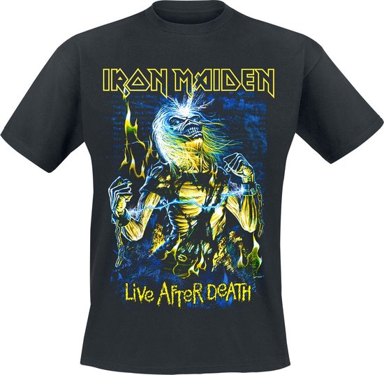 Zwart t-shirt met opdruk van de Iron Maiden mascotte Eddie, met vlammen en bliksem.