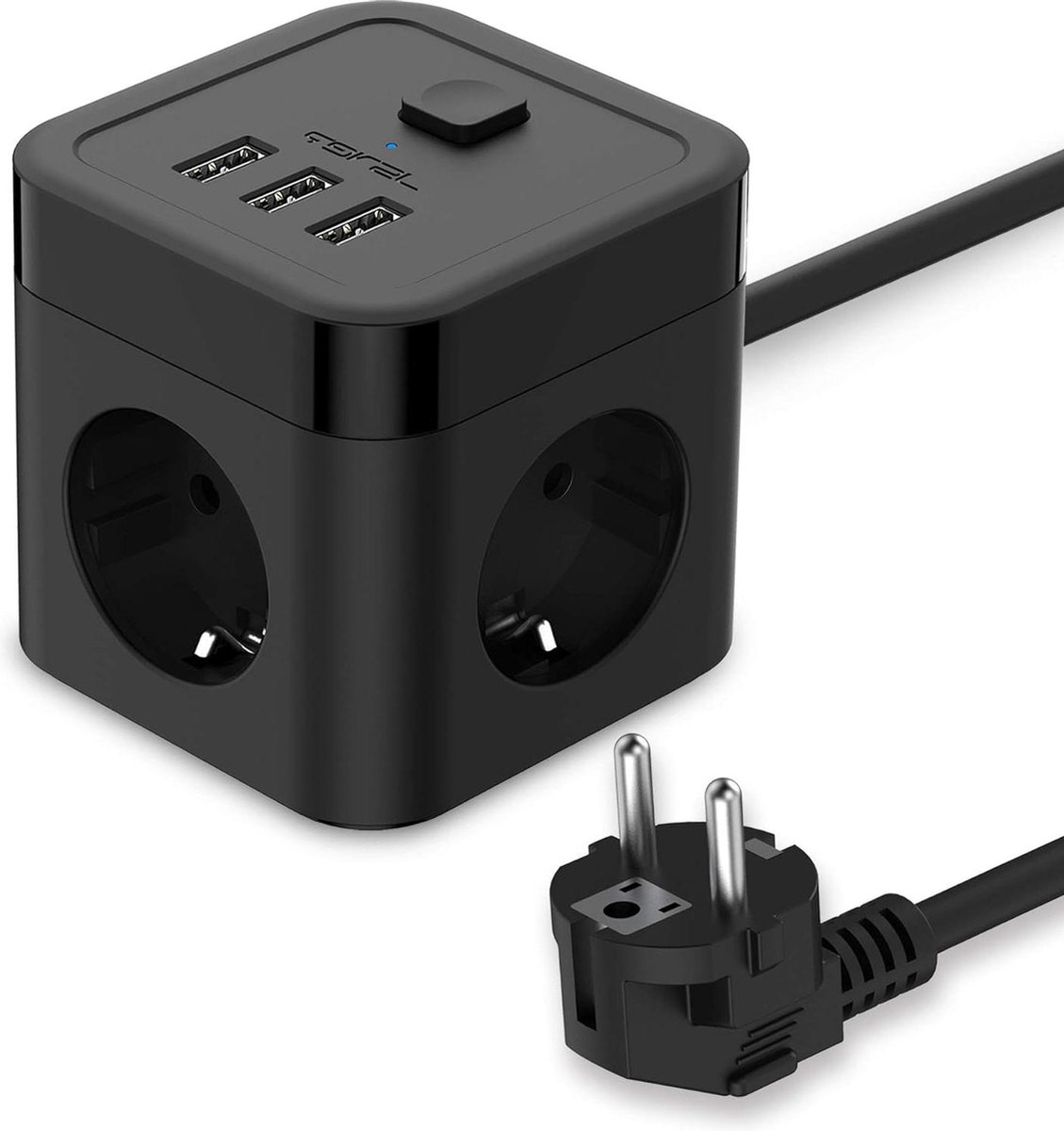 Meervoudige contactdoos Cube 3 Stekkers en 3 USB met Schakelaar - Voor kantoor thuis of onderweg - 15 m kabel - Zwart - 155 W
