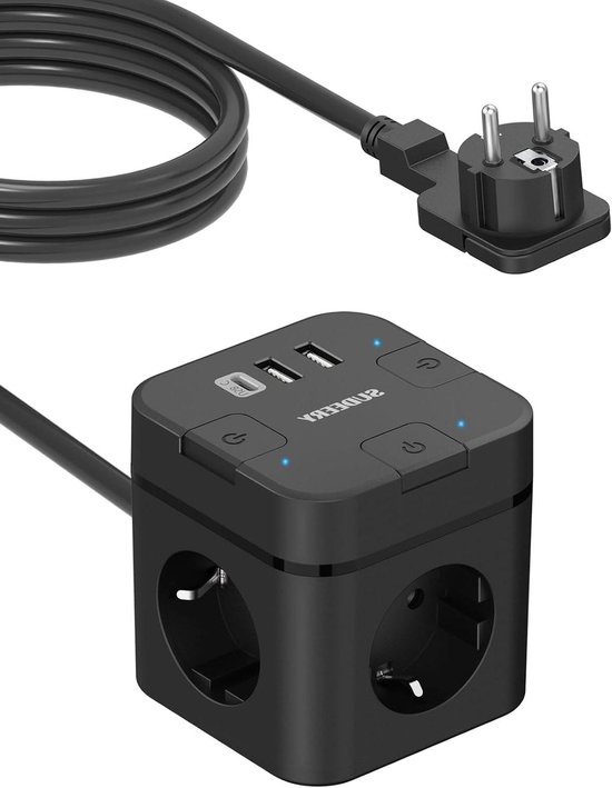 Electraline 62050 meervoudige stekkerdoos 6 plaatsen 2 Schuko en 4 tweewaardige 10/16 A, kabel HO5 VV-F, stekker 16 A, zwart, 3 m