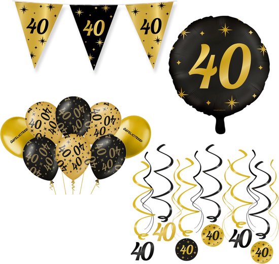 40 Jaar Verjaardag Decoratie Versiering - Feest Versiering - Swirl - Folie Ballon - Vlaggenlijn - Ballonnen - Man & Vrouw - Zwart en Goud