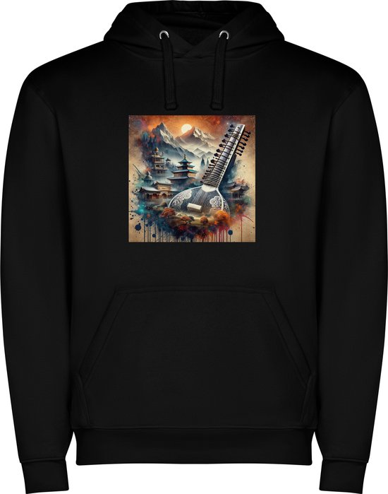 Sweat à capuche unisexe noir avec imprimé « Instrument de musique coloré – Japonais – Temples – Paix – SanXian » en couleur de la marque Roly taille XL