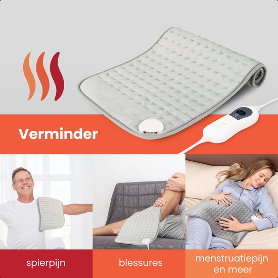 Man met warmtekussen op schouders, man met warmtekussen op been, vrouw met warmtekussen op buik.