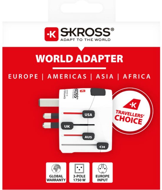 Verpakking van een wereldreisadapter: rode doos met SKROSS logo, wereldkaart en adapter.