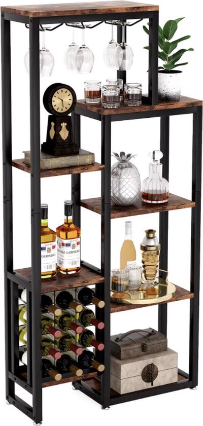 Armoire à vin - Casier à vin - Armoire à boissons - Placard - Porte-verres à vin - Porte-bouteilles - Industriel - Bois et métal - Marron/ Zwart - 175x80x30cm