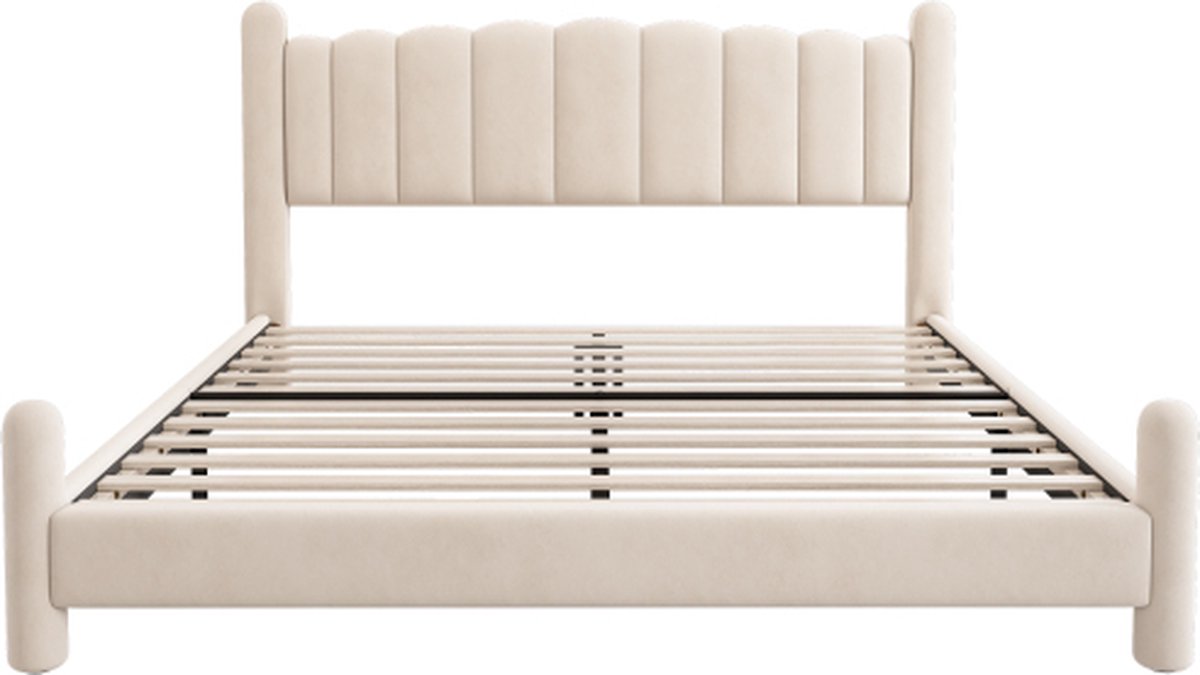 GOTAGEE Gestoffeerd bed 180x200cm met lattenbodem en hoofdbord, stijlvol waaiervormig hoofdbord, cilindrische steunpoten, fluweel Beige