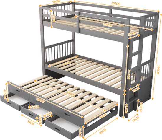 Kinderhuisbed 90x200 cm - met veiligheidsglijbaan - met 2 lades - met veiligheidshekken - grijs (matras niet inbegrepen Kinderhuisbed 90x200 cm - met veiligheidsglijbaan - met 2 lades - met veiligheidshekken - grijs (matras niet inbegrepen