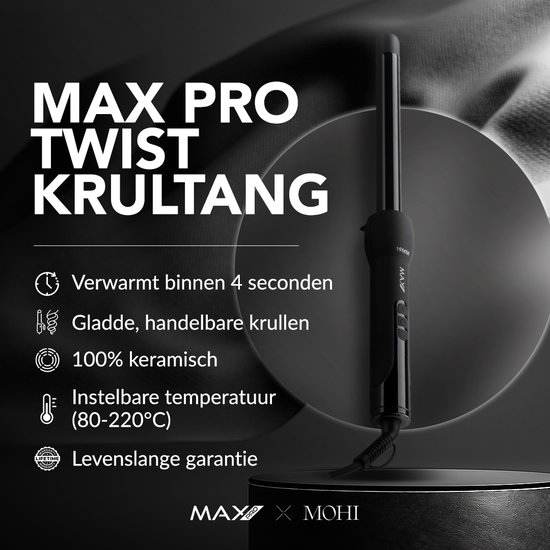 MAX PRO TWIST krultang 19mm, met tekst: 'Verwarmt binnen 4 seconden', '100% keramisch'.