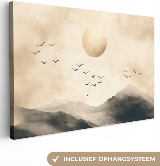Canvas schilderij 120x80 cm - Exclusieve wanddecoratie Landschap - Japandi - vogel - Muurdecoratie woonkamer - Slaapkamer decoratie - Kamer accessoires - Schilderijen op canvas