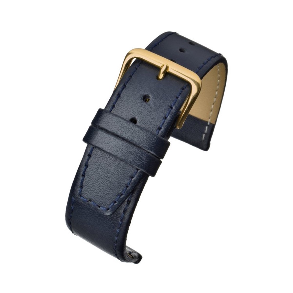 horlogeband-20mm-echt leer-blauw-zacht-glad -plat-gestikt-goudkleurige gesp-20 mm